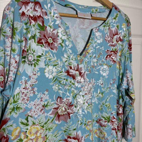 Belle by Kim Gravel Top Blouse Womens Large Floral Cottage Embroidered Knit Blue - Picture 5 of 10